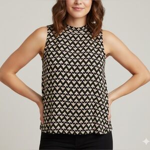 Loft | Mod Floral Geo Pattern Mock Neck Sleeveless Shirt Rayon Blouse Tank Top